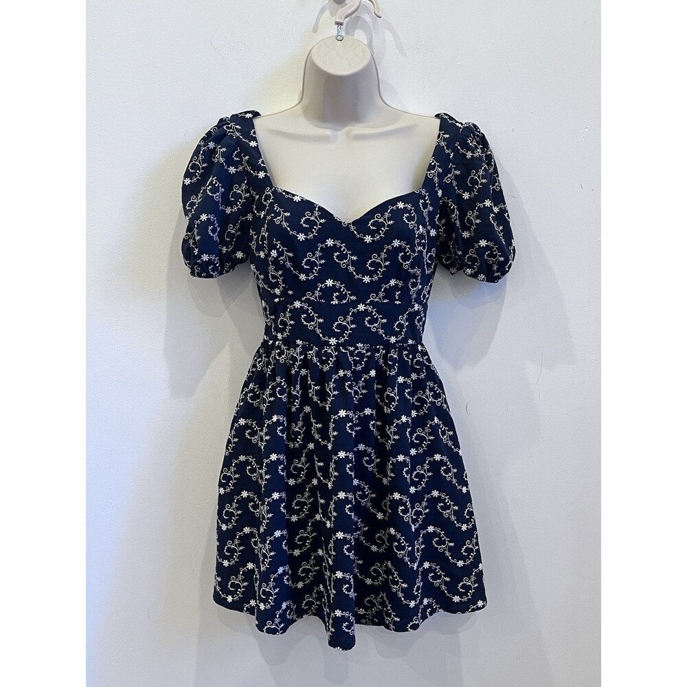 Blue Rain Milkmaid Baydoll Mini Navy White Embroidered Dress Sz XS boho peasant